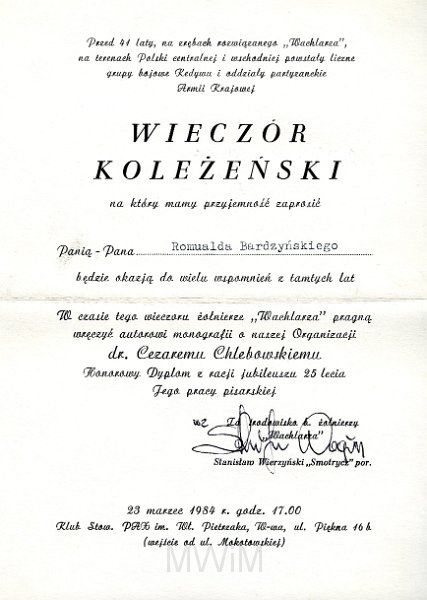 zap 2.jpg - Zaproszenie. Zaproszenie dla Romualda Bardzyńskiego na wieczór koleżeński – 25 lecie pracy pisarskiej dr Cezarego Chlebowskiego, Warszawa, 23 III 1984 r.